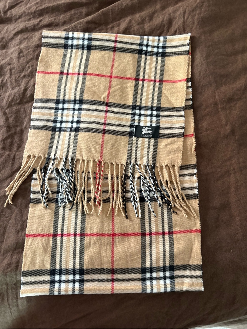 Beige Check Scarf with Black and Red Accents